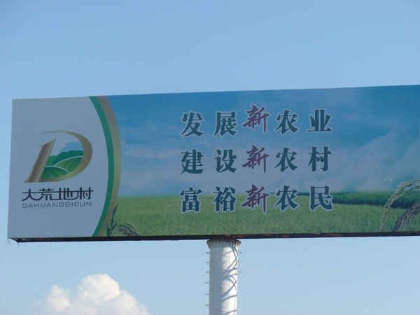 An Eastern Fortune Rice billboard promises to "Develop New Agriculture, Build a New Countryside, Enrich the New Farmer." (Michael Meyer)