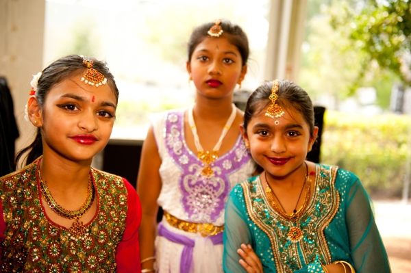 Young students of the Anjali Center for Performing Arts prepare for their South Indian folk dance (Jeff Fantich).