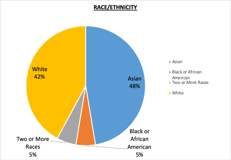 Global Staff Race and Ethnicity Pie Chart 42% White, 48% Asian, Black or African American 5%, Two or more races 5%