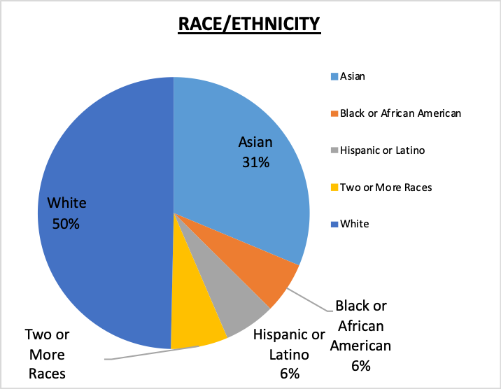 501(c)(3) Staff Race/Ethnicity Pie Chart 50% White, 31% Asian, 6% Black or African American, 6% Hispanic or Latino, 6% Two or more races