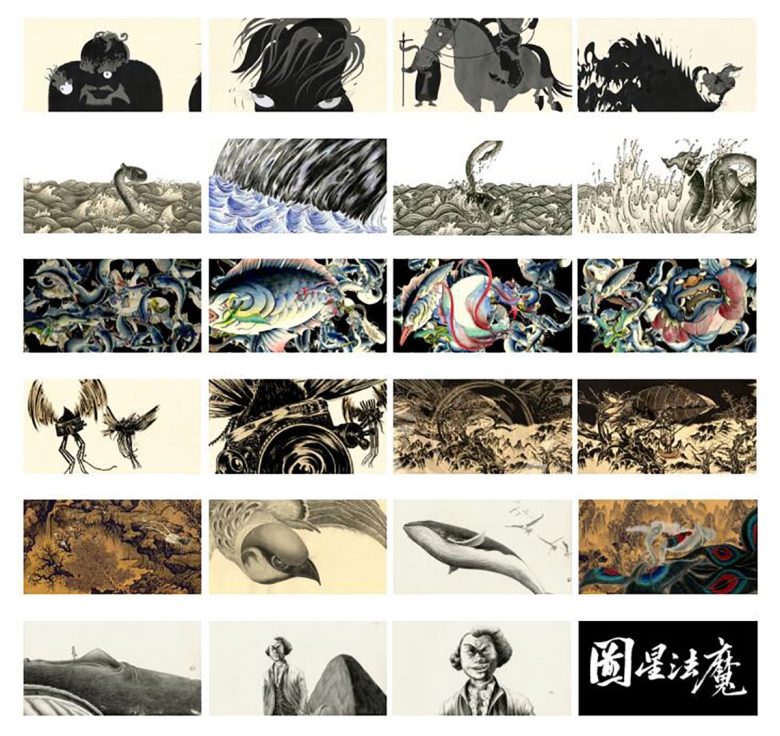 A grid of twenty-four rectangular drawings. Among them are a horse, bird, and whale drawn in black and white. There are colorful drawings of underwater scenes as well as a calligraphic work. 