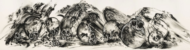 A black and white horizontal drawing of several skulls that seem to be tumbling across the ground.