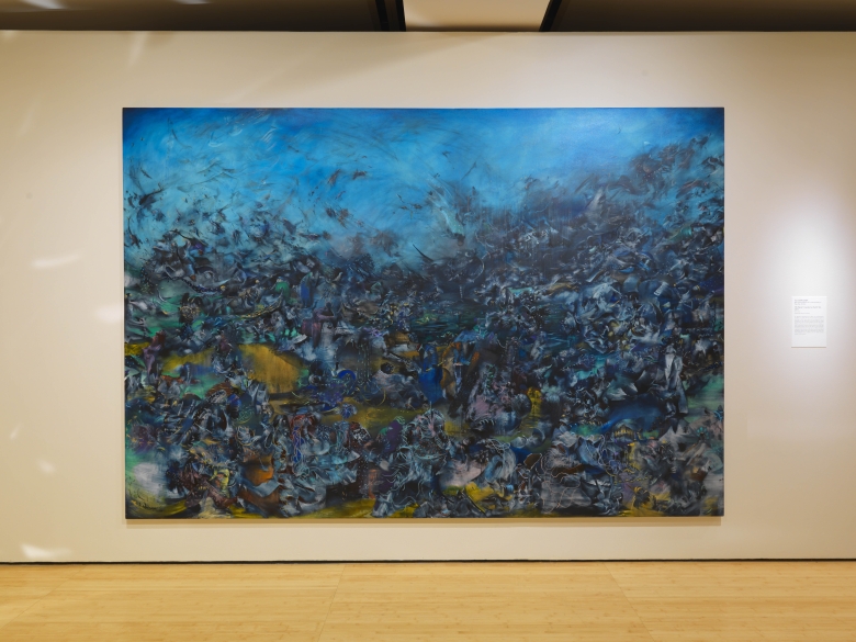 Installation view of Ali Banisadr, We Haven't Landed on Earth Yet, part of Rebel, Jester, Mystic, Poet: Contemporary Persians—The Mohammed Afkhami Collection; on view at Asia Society Museum in New York, September 10, 2021—May 8, 2022