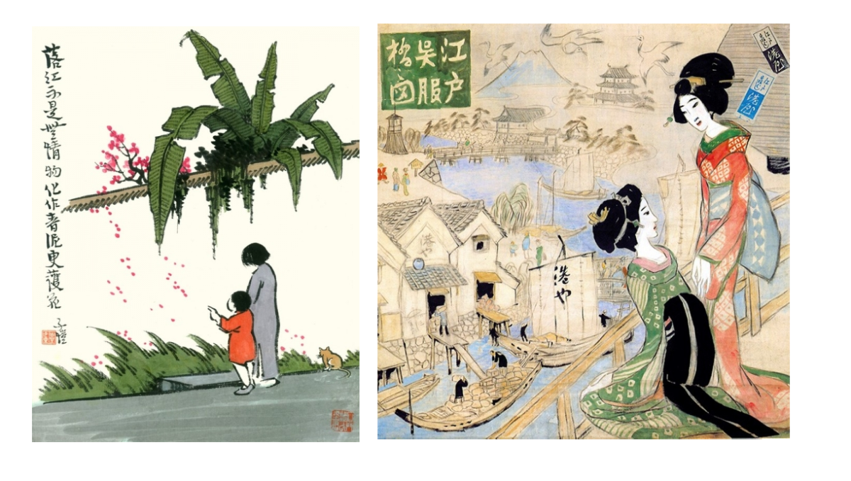 Falling Flowers by Feng Zikai (left), Kurofuneya by Takehisa Yumeji (right).
