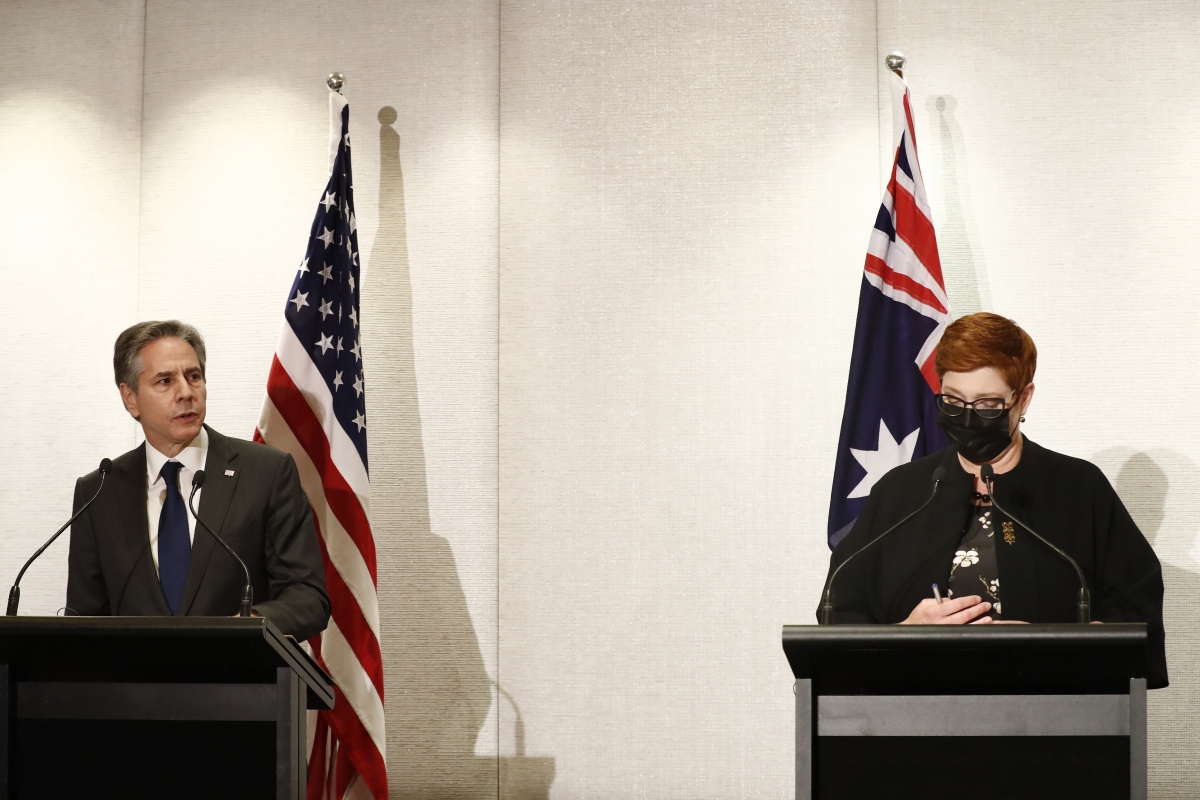 U.S. Secretary of State Antony Blinken speaks as Australia Minister for Foreign Affairs and Minister for Women Marise Payne looks on at a joint press conference of the Quad Foreign Ministers meeting at the Park Hyatt on February 11, 2022 in Melbourne, Australia. The foreign ministers of Australia, the United States, Japan, and India are meeting to discuss the countries cooperation in areas including the economy, security, and the coronavirus pandemic.