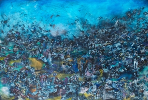 An image of an abstract oil painting on linen. It is dominated by azure blues, with gestural strokes of white, yellow, pink, orange, and black filling the bottom two-thirds of the composition. 