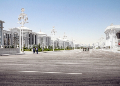 Beautifully smooth tarmac and well-kept buildings line the deserted streets Ashgabat, Turkmenistan on January 16, 2013. (Neil Melville-Kenney/Flickr)
