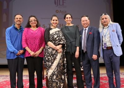 Manisha Koirala, Saanjoy Roy, and team on stage at Jaipur Literature Festival in New York