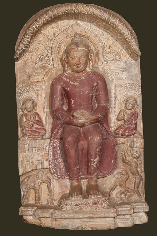 Monkey Making Offering of Honey to the Buddha; Kubyauknge Temple, Myinkaba village; Pagan period, 1198; Sandstone with polychrome; H. 451/2 x W. 27 x D. 91/2 in. (115.6 x 68.6 x 24.1 cm). Bagan Archaeological Museum. (Sean Dungan)
